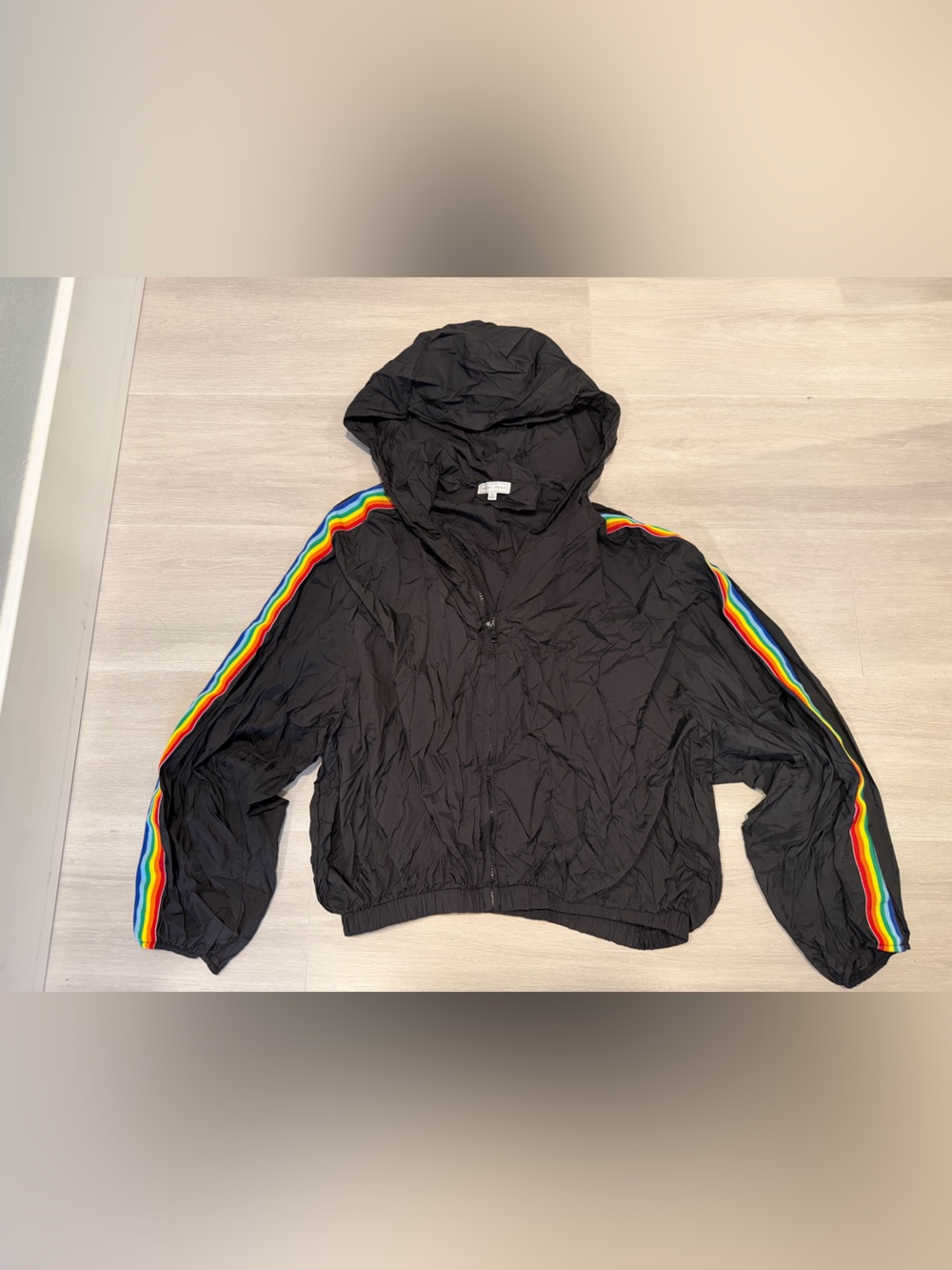 Rave Black Hooded Windbreaker with Rainbow Stripe
